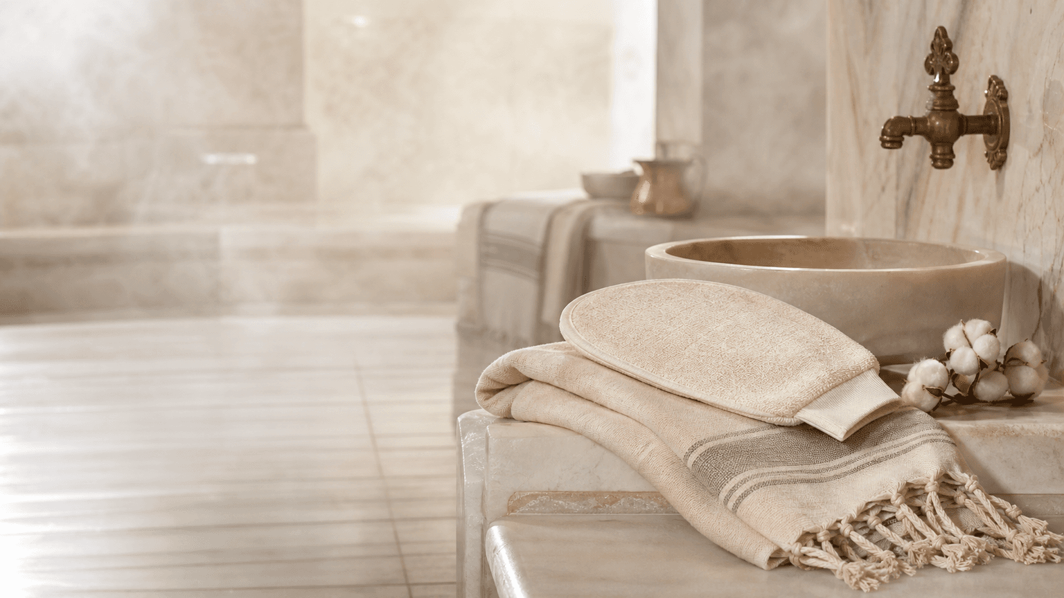 Feel Fine silk exfoliating glove and peshtemal towel in a Turkish hammam