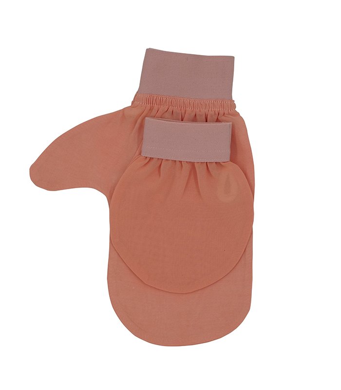 Doppelseitiger Peeling-Handschuh — Pflanzenseide, Daumendesign (Lachsrosa)
