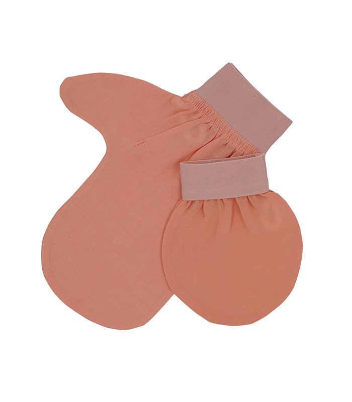 Doppelseitiger Peeling-Handschuh — Pflanzenseide, Daumendesign (Lachsrosa)